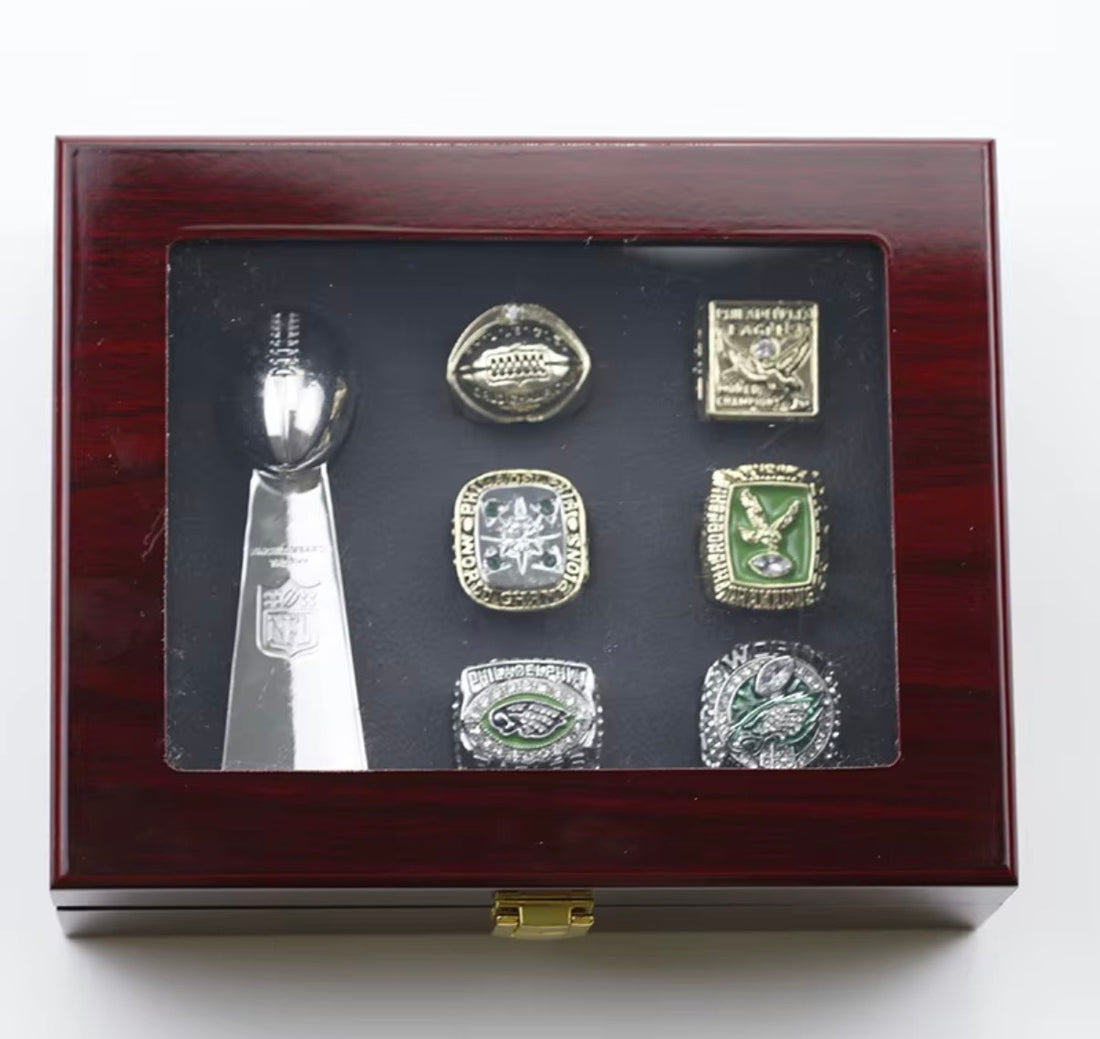 NFL / 1948 1949 1960 1980 2004 2017 Philadelphia Eagles Championship rings set with wooden box